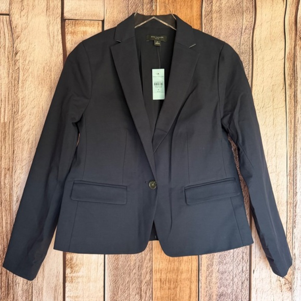 Ann Taylor Blazer Petite One-Button Stretch‎ Black Work Jacket Academia Size 6